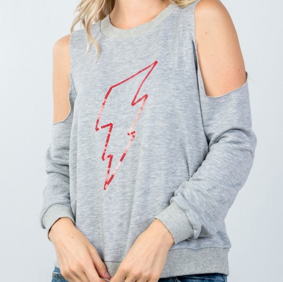 ❤Gray Cold Shoulder Sequin Lightning Bolt Top - Picture 4 of 4